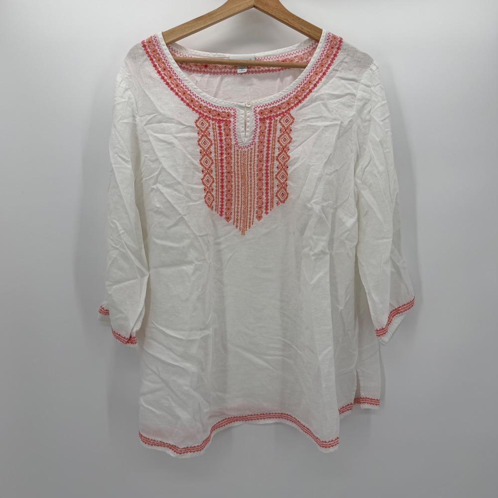 J. Jill Womens 2X White Linen Blend Embroidered Tunic Top Pink Orange Boho 2490